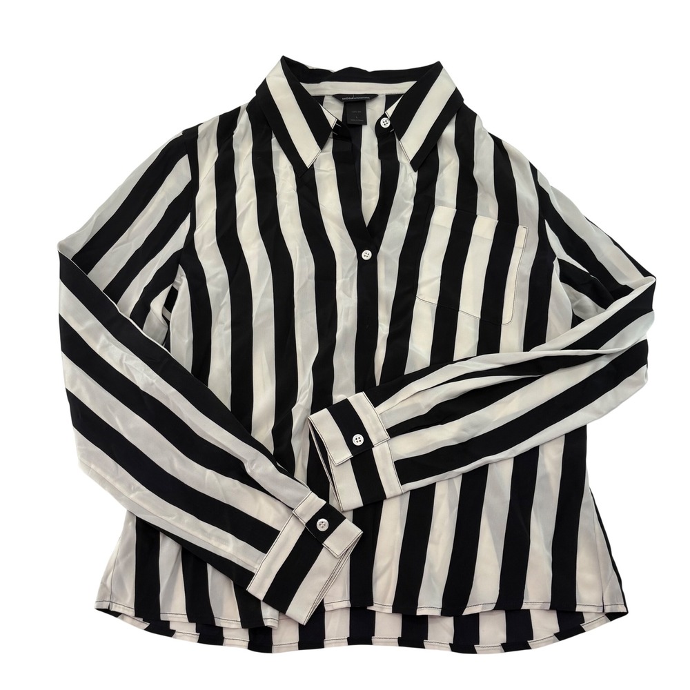 Moda International 100% Silk Black White Striped Button Down Shirt Blouse Large